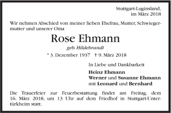 Traueranzeige von Rose Ehmann von Stuttgarter Zeitung / Stuttgarter Nachrichten