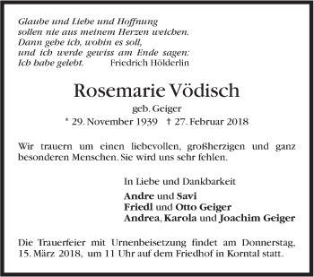 Traueranzeige von Rosemarie Vödisch von Stuttgarter Zeitung / Stuttgarter Nachrichten