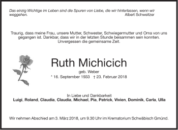 Traueranzeige von Ruth Michicich von Stuttgarter Zeitung / Stuttgarter Nachrichten