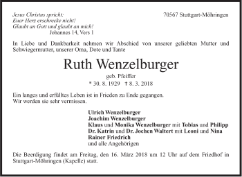 Traueranzeige von Ruth Wenzelburger von Stuttgarter Zeitung / Stuttgarter Nachrichten