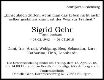 Traueranzeige von Sigrid Gehr von Stuttgarter Zeitung / Stuttgarter Nachrichten