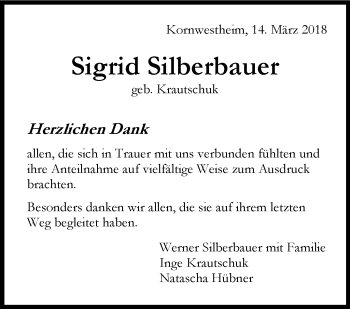 Traueranzeige von Sigrid Silberbauer von Stuttgarter Zeitung / Stuttgarter Nachrichten