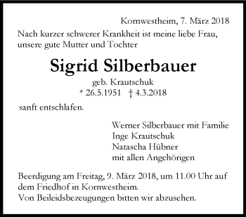 Traueranzeige von Sigrid Silberbauer von Stuttgarter Zeitung / Stuttgarter Nachrichten