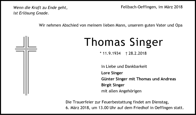  Traueranzeige für Thomas Singer vom 02.03.2018 aus Stuttgarter Zeitung / Stuttgarter Nachrichten