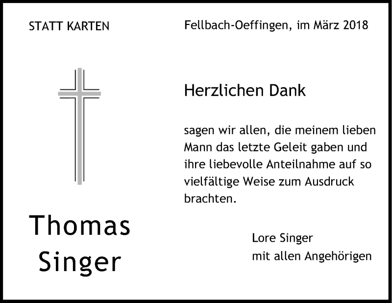  Traueranzeige für Thomas Singer vom 23.03.2018 aus Stuttgarter Zeitung / Stuttgarter Nachrichten