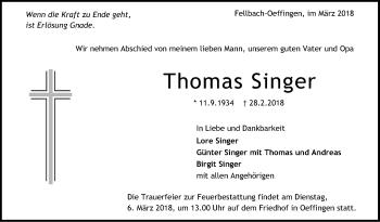 Traueranzeige von Thomas Singer von Stuttgarter Zeitung / Stuttgarter Nachrichten