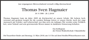Traueranzeige von Thomas Sven Hagmaier von Stuttgarter Zeitung / Stuttgarter Nachrichten