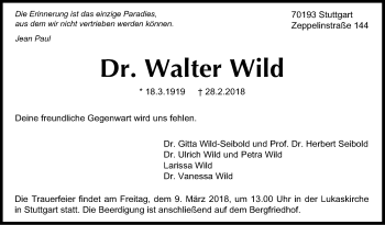 Traueranzeige von Walter Wild von Stuttgarter Zeitung / Stuttgarter Nachrichten