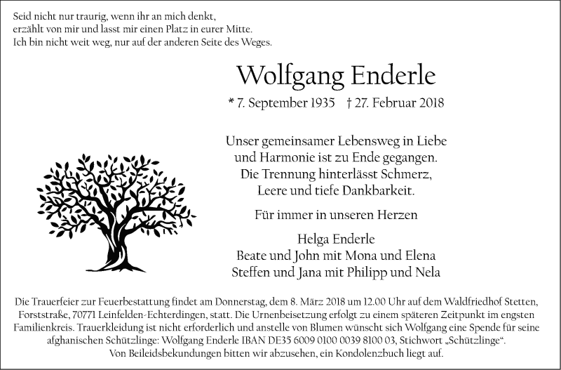  Traueranzeige für Wolfgang Enderle vom 03.03.2018 aus Stuttgarter Zeitung / Stuttgarter Nachrichten