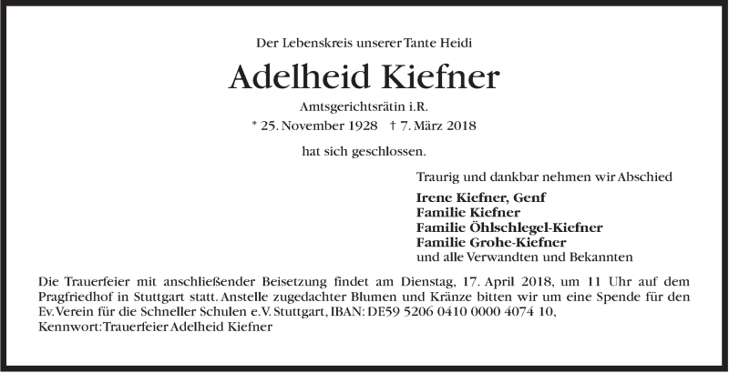  Traueranzeige für Adelheid Kiefner vom 13.04.2018 aus Stuttgarter Zeitung / Stuttgarter Nachrichten