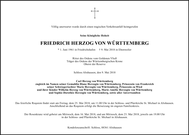  Traueranzeige für Friedrich  Herzog von Württemberg vom 12.05.2018 aus Stuttgarter Zeitung / Stuttgarter Nachrichten