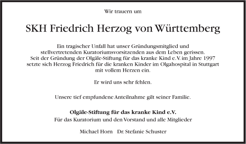  Traueranzeige für Friedrich  Herzog von Württemberg vom 17.05.2018 aus Stuttgarter Zeitung / Stuttgarter Nachrichten