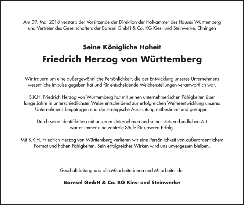  Traueranzeige für Friedrich  Herzog von Württemberg vom 16.05.2018 aus Stuttgarter Zeitung / Stuttgarter Nachrichten