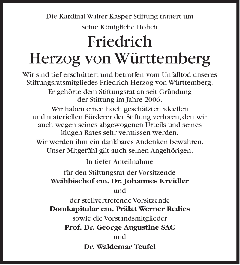 Traueranzeige für Friedrich  Herzog von Württemberg vom 16.05.2018 aus Stuttgarter Zeitung / Stuttgarter Nachrichten