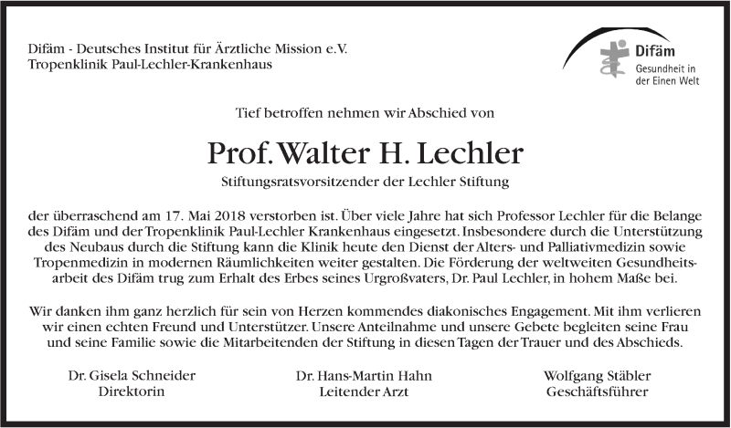  Traueranzeige für Walter H. Lechler vom 26.05.2018 aus Stuttgarter Zeitung / Stuttgarter Nachrichten