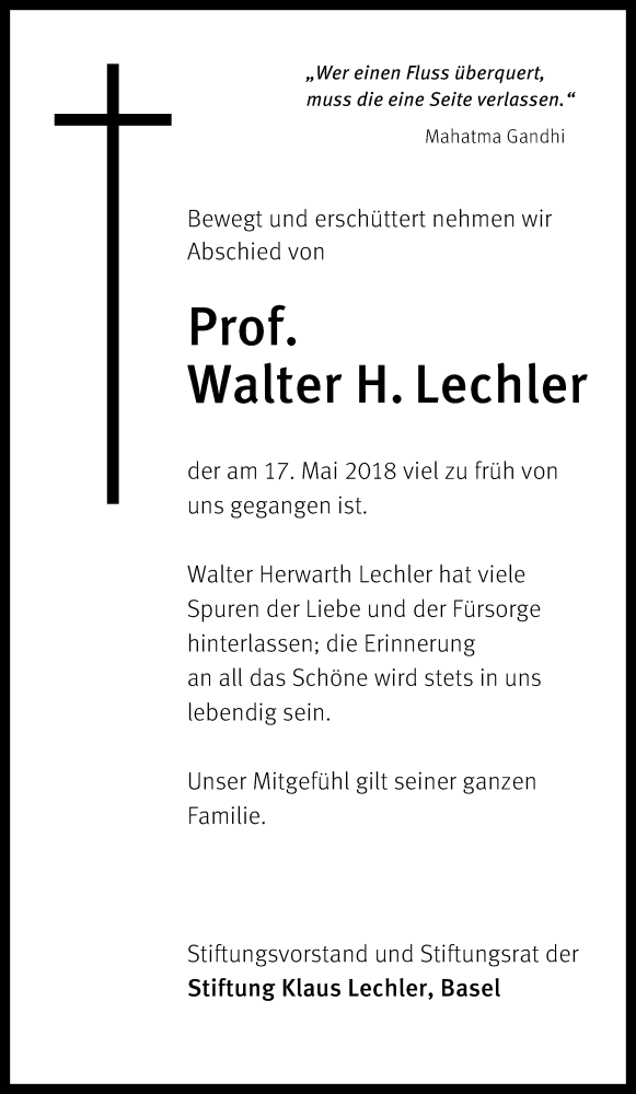  Traueranzeige für Walter H. Lechler vom 23.05.2018 aus Stuttgarter Zeitung / Stuttgarter Nachrichten