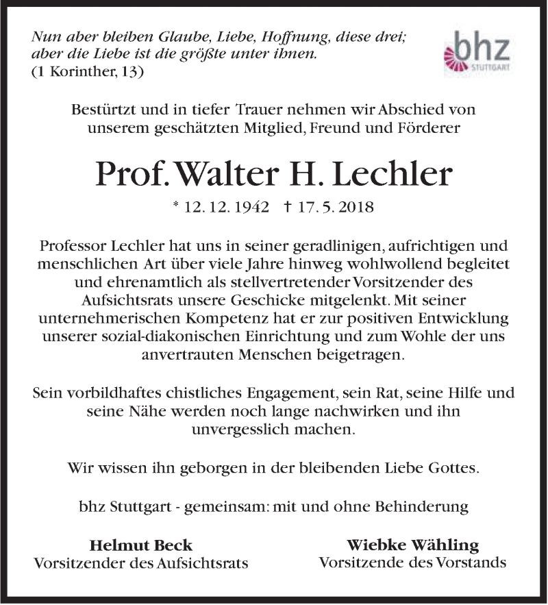  Traueranzeige für Walter H. Lechler vom 24.05.2018 aus Stuttgarter Zeitung / Stuttgarter Nachrichten