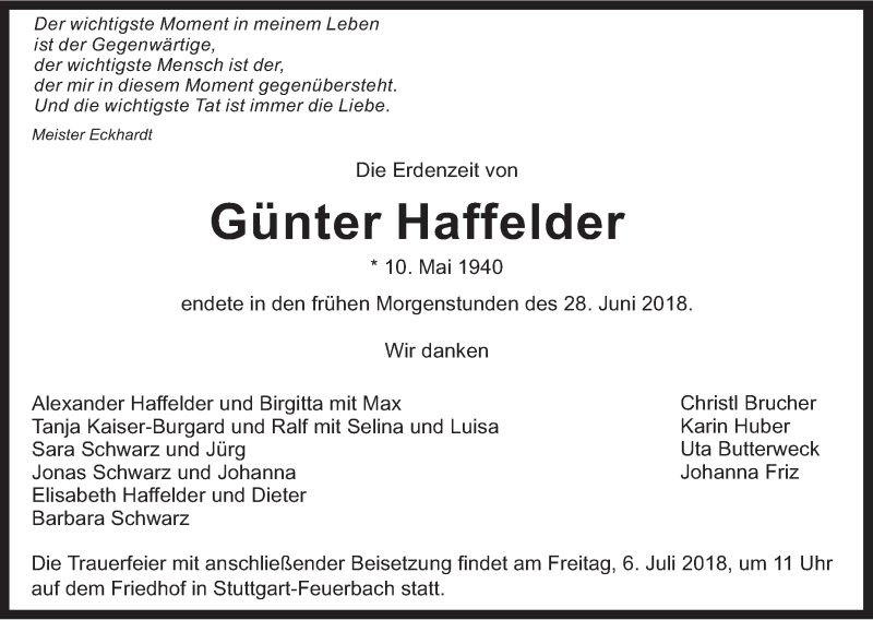  Traueranzeige für Günter Haffelder vom 30.06.2018 aus Stuttgarter Zeitung / Stuttgarter Nachrichten
