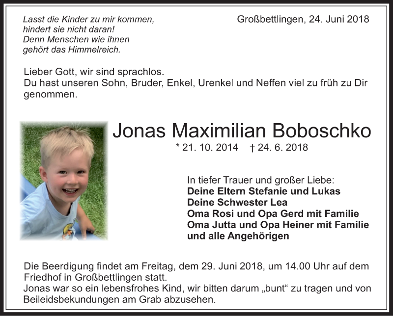  Traueranzeige für Jonas Maximilian Boboschko vom 27.06.2018 aus Stuttgarter Zeitung / Stuttgarter Nachrichten