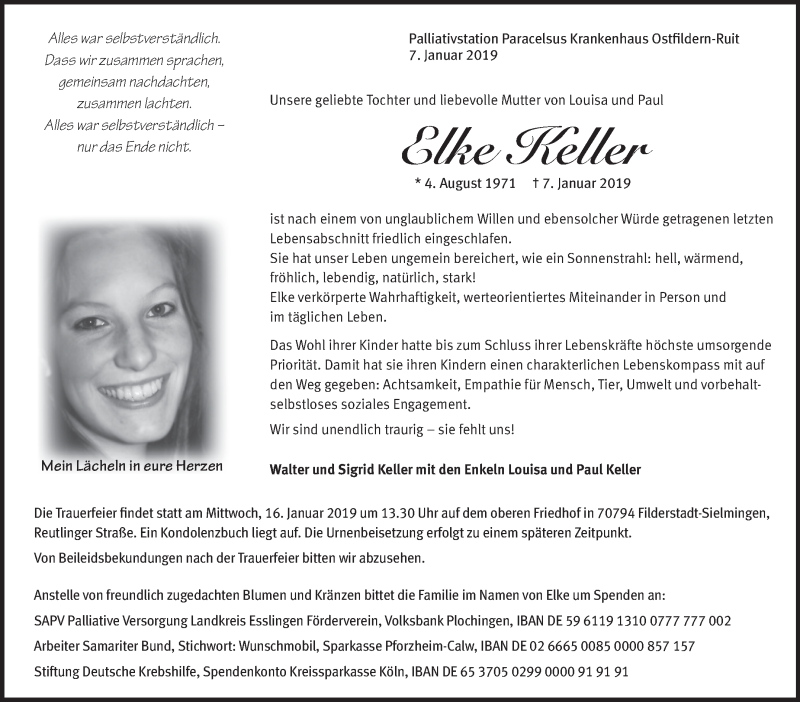 Traueranzeige für Elke Keller vom 11.01.2019 aus Stuttgarter Zeitung / Stuttgarter Nachrichten