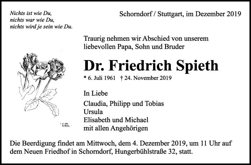  Traueranzeige für Friedrich Spieth vom 30.11.2019 aus Stuttgarter Zeitung / Stuttgarter Nachrichten