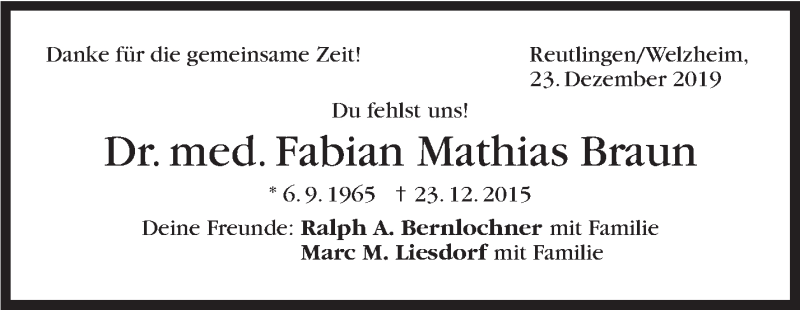  Traueranzeige für Fabian Mathias Braun vom 23.12.2019 aus Stuttgarter Zeitung / Stuttgarter Nachrichten