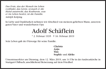 Traueranzeige von Adolf Schäflein von Stuttgarter Zeitung / Stuttgarter Nachrichten