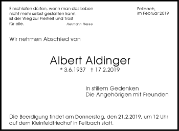Traueranzeige von Albert Aldinger von Stuttgarter Zeitung / Stuttgarter Nachrichten