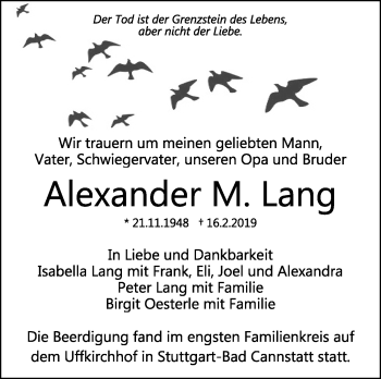 Traueranzeige von Alexander M. Lang von Stuttgarter Zeitung / Stuttgarter Nachrichten