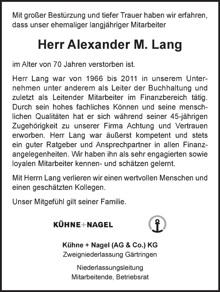  Traueranzeige für Alexander M. Lang vom 23.02.2019 aus Stuttgarter Zeitung / Stuttgarter Nachrichten