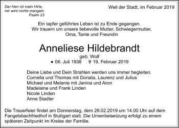 Traueranzeige von Anneliese Hildebrandt von Stuttgarter Zeitung / Stuttgarter Nachrichten
