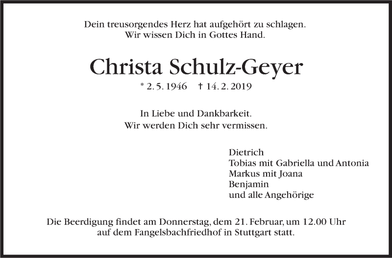  Traueranzeige für Christa Schulz-Geyer vom 19.02.2019 aus Stuttgarter Zeitung / Stuttgarter Nachrichten