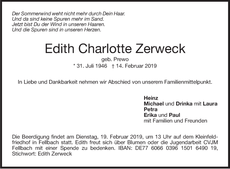  Traueranzeige für Edith Charlotte Zerweck  vom 16.02.2019 aus Stuttgarter Zeitung / Stuttgarter Nachrichten