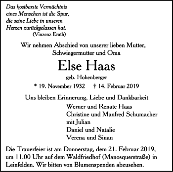 Traueranzeige von Else Haas von Stuttgarter Zeitung / Stuttgarter Nachrichten