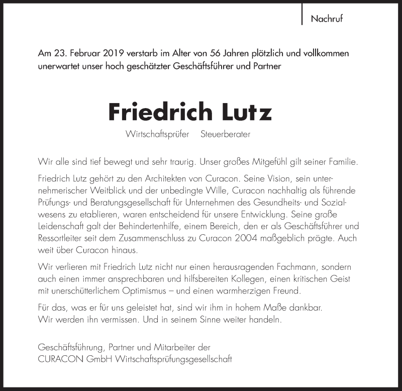  Traueranzeige für Friedrich Lutz vom 28.02.2019 aus Stuttgarter Zeitung / Stuttgarter Nachrichten