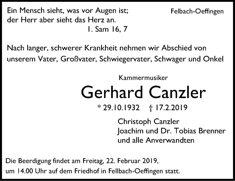  Traueranzeige für Gerhard Canzler vom 20.02.2019 aus Stuttgarter Zeitung / Stuttgarter Nachrichten
