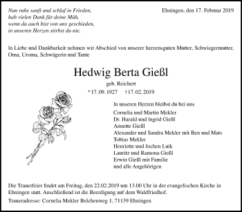 Traueranzeige von Hedwig Berta Gießl von Stuttgarter Zeitung / Stuttgarter Nachrichten