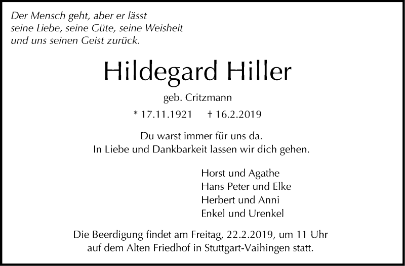  Traueranzeige für Hildegard Hiller vom 19.02.2019 aus Stuttgarter Zeitung / Stuttgarter Nachrichten