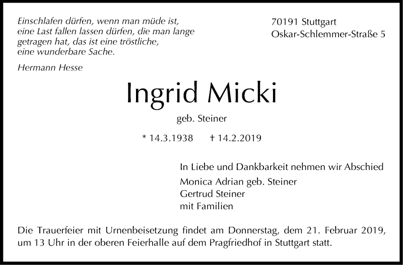  Traueranzeige für Ingrid Micki vom 16.02.2019 aus Stuttgarter Zeitung / Stuttgarter Nachrichten