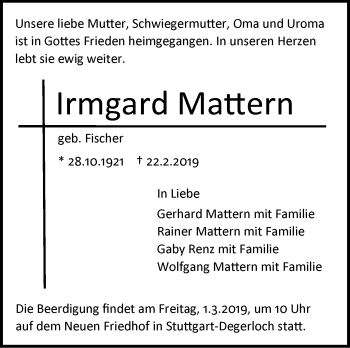 Traueranzeige von Irmgard Mattern von Stuttgarter Zeitung / Stuttgarter Nachrichten