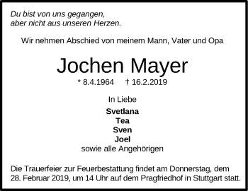 Traueranzeige von Jochen Mayer von Stuttgarter Zeitung / Stuttgarter Nachrichten