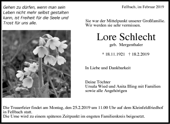 Traueranzeige von Lore Schlecht von Stuttgarter Zeitung / Stuttgarter Nachrichten