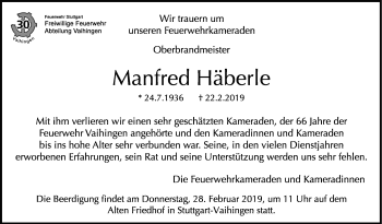 Traueranzeige von Manfred Häberle von Stuttgarter Zeitung / Stuttgarter Nachrichten