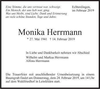 Traueranzeige von Monika Herrmann von Stuttgarter Zeitung / Stuttgarter Nachrichten