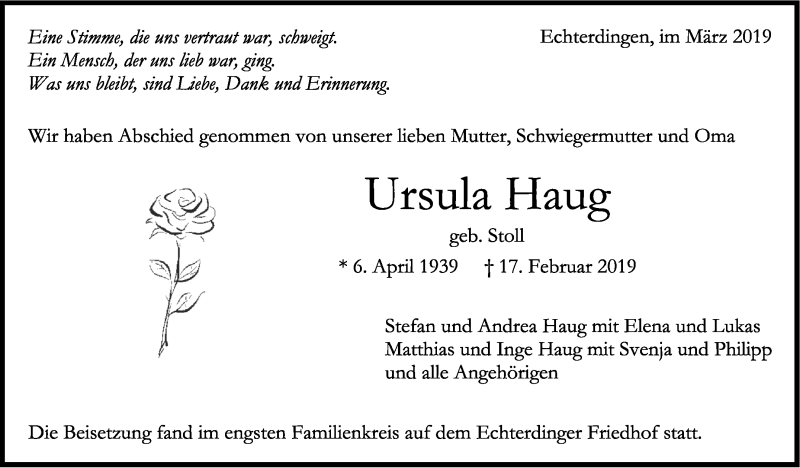  Traueranzeige für Ursula Haug vom 01.03.2019 aus Stuttgarter Zeitung / Stuttgarter Nachrichten
