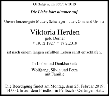 Traueranzeige von Viktoria Herden von Stuttgarter Zeitung / Stuttgarter Nachrichten