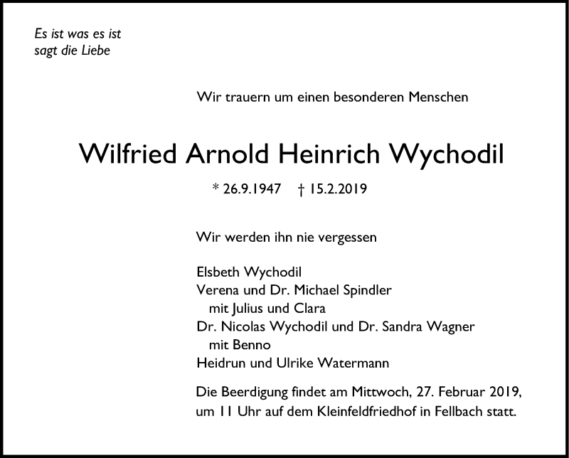 Traueranzeige für Wilfried Arnold Heinrich Wychodil vom 20.02.2019 aus Stuttgarter Zeitung / Stuttgarter Nachrichten
