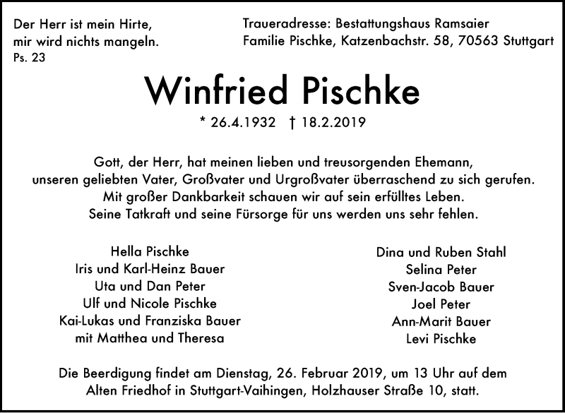  Traueranzeige für Winfried Pischke vom 20.02.2019 aus Stuttgarter Zeitung / Stuttgarter Nachrichten