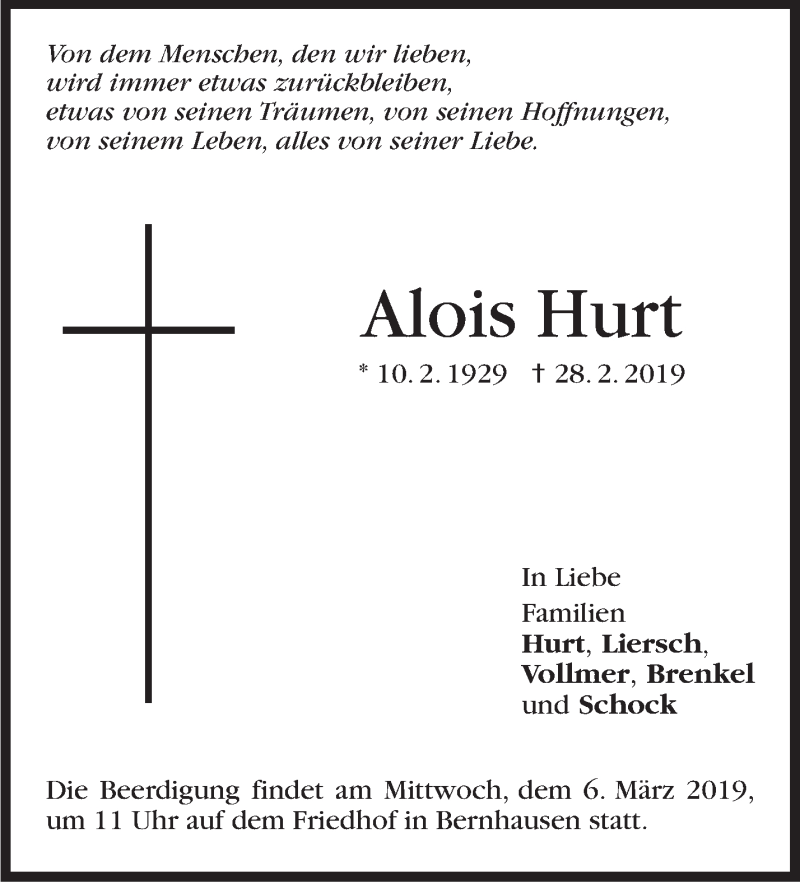  Traueranzeige für Alois Hurt vom 02.03.2019 aus Stuttgarter Zeitung / Stuttgarter Nachrichten