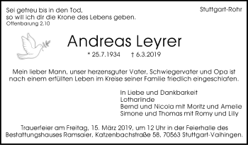 Traueranzeige von Andreas Leyrer von Stuttgarter Zeitung / Stuttgarter Nachrichten